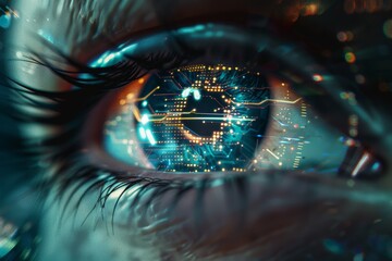 Poster - The vibrant colors and patterns within the eye highlight advanced technology reflected in the pupil, showcasing the fusion of human vision and digital innovation.