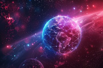 Poster - this artwork illustrates earth illuminated by colorful, glowing lines and dots, symbolizing connecti