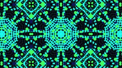 Wall Mural - Abstract kaleidoscope pattern with vibrant teal, green, and blue dots on a black background.
