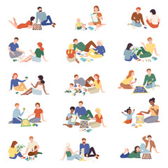 Wall Mural - People Play Board Games Spend Time Together Big Vector Set