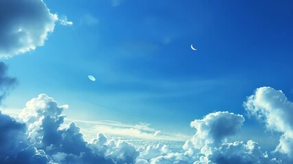 Wall Mural - A crescent moon hangs in the bright blue sky, surrounded by fluffy white clouds
