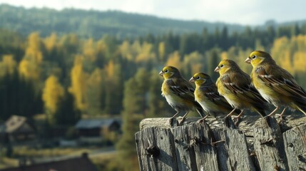 Wall Mural - A small flock of finches sitting on a weathered fence with a beautiful forest landscape in the background