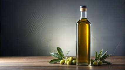 Elegant bottle of olive oil with green olives and leaves, dark background, gourmet cooking ingredient