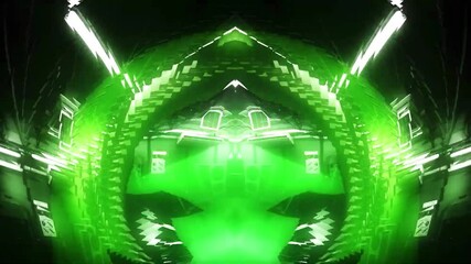 Wall Mural - Abstract symmetrical background with green, blue, and white glowing lights in the dark.