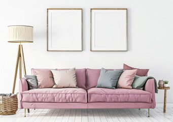 Pink sofa with throw pillows and two blank frames, modern living room interior mockup