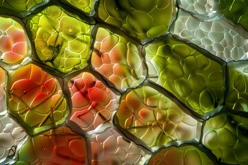 Poster - Translucent stones in green, orange, and amber form a captivating mosaic pattern, illuminated from above, showcasing their unique textures and colors.