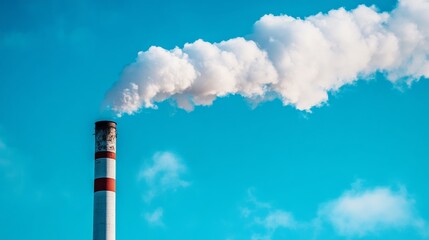 A bright blue sky accentuates the smoke from a tall smokestack showcasing industry