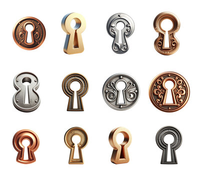 Keyhole set. Isolated transparent background PNG. Various material, gold, silver, metal, copper.
