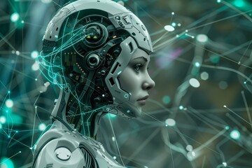 Poster - This artwork features a detailed robotic head with visible circuits and illuminated nodes, symbolizing the intersection of technology and humanity in a futuristic setting.