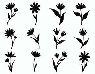 Wall Mural - A diverse collection of black floral silhouettes on a white background, showcasing different flower shapes and styles.