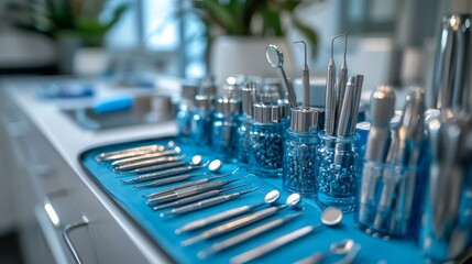 Poster - The dental tool tray is neatly arranged with an array of instruments in vibrant colors and glass containers, highlighting the meticulousness of the clinic's workspace.
