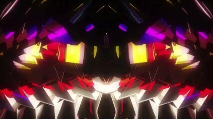Wall Mural - Symmetrical pattern of glowing lines and shapes in vibrant neon colors on black background.