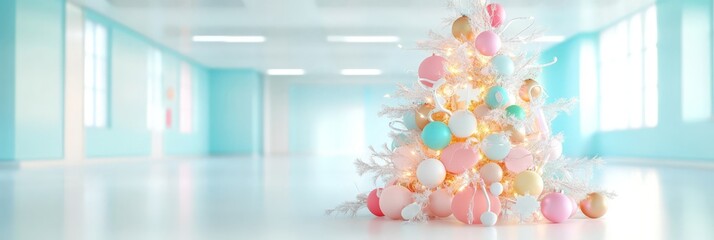 Wall Mural - A minimalist white Christmas tree adorned with pastel-colored ornaments in a bright, modern space.