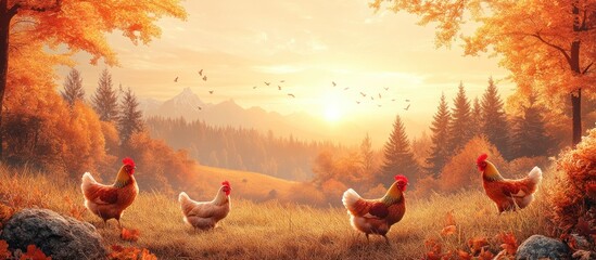 Poster - Golden Sunset with Roosters in Autumnal Forest