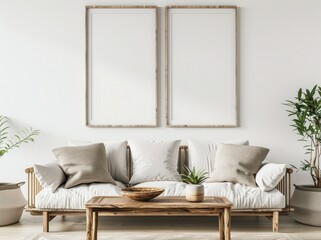 White couch with wooden frame, two blank framed posters, wooden coffee table and plants in minimalist living room