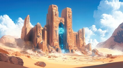 Poster - Ancient Stone Citadel with Glowing Portal in Desert Landscape