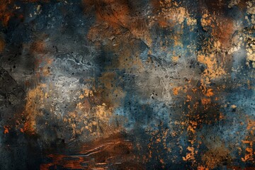 Poster - A captivating abstract surface features a blend of blue, gray, and orange colors with intricate textures, highlighting patterns formed by years of natural aging.