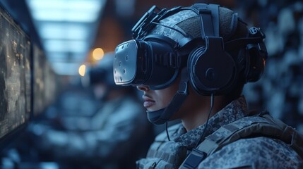 Aufkleber - Military personnel engage in immersive training using virtual reality technology at a facility designed for advanced simulation exercises.