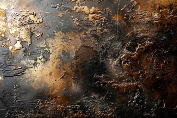 Poster - The surface displays a rich blend of dark colors and metallic hues, featuring intricate textures that create a striking visual effect, emphasizing depth and complexity.