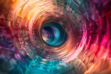 Poster - Multicolored light reflects off a spiraling tunnel, creating a mesmerizing effect with vibrant hues and dynamic shapes, evoking a sense of depth and motion.