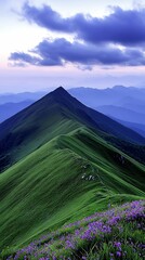 Wall Mural - Breathtaking mountain landscape at dusk a serene view of rolling hills and vibrant wildflowers under a cloudy sky perfect for nature lovers and adventure seekers,wallpaper scenic vibrant