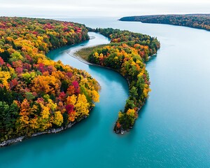 Wall Mural - Breathtaking aerial view of a colorful autumn landscape with a serpentine river flowing through vibrant forests and stunning reflections on calm water surrounded by fall foliage.