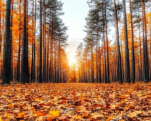 Wall Mural - breathtaking autumn landscape a serene walk through a forest of golden leaves and tall pines under a