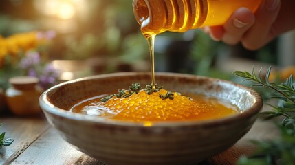Poster - A hand drizzles rich, golden honey into a ceramic bowl filled with vibrant herbs. The warm light creates a cozy atmosphere, showcasing the natural ingredients.