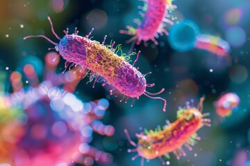 Poster - This colorful display shows various bacteria suspended in a lively environment, showcasing intricate details and forms under a digital microscope.