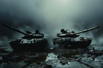 Two military tanks stand side by side in a fog-laden landscape, their silhouettes cutting through the haze in an imposing display of strength and resilience.