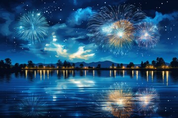 Poster - Colorful fireworks burst across the night sky, beautifully framed by a radiant full moon backdrop.