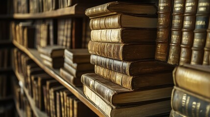 Poster - Stack of Antique Books on a Wooden Shelf in a Library