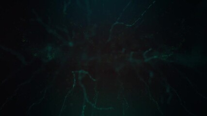 Wall Mural - abstract dark green background with digital particles and glowing geometric shapes.
