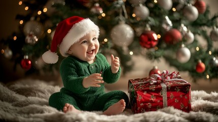 Aufkleber - A baby in a red Santa hat and green sweater sits on a white, furry surface. Behind the baby is a decorated Christmas tree with red and silver ornaments.