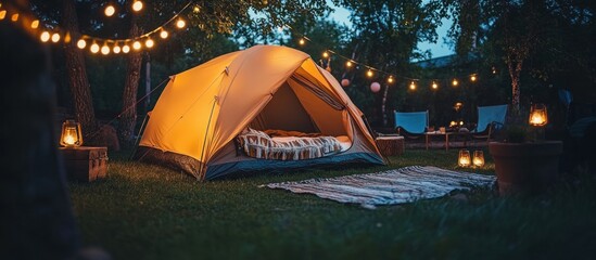 a cozy camping tent set up in a backyard at night, illuminated by string lights.