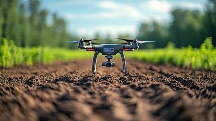 Poster - A drone hovers above a freshly tilled field, capturing data over the rich brown soil amidst healthy green crops, bathed in warm afternoon light.