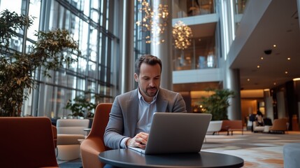 Poster - Businessman working on a laptop in a modern hotel lobby during the day