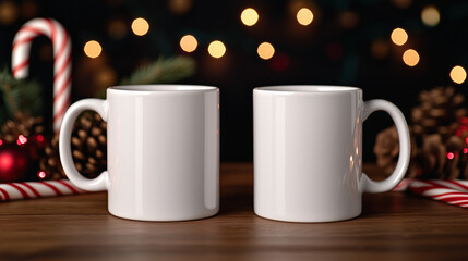 Two festive blank white mugs on a wooden table with christmas decor, evoking a cozy holiday vibe