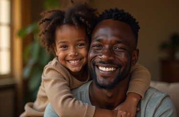 Young African father hugging his child at home, both laughing, having fun, wonderful relationship