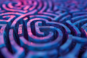 Poster - An intricately designed maze with swirling patterns showcases a captivating blend of blue and purple colors, creating a visually striking abstract composition.