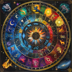 Wall Mural - astrological zodiac symbol chart with detailed constellations and celestial background in artistic c