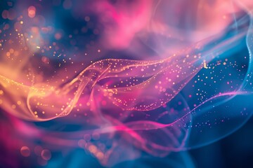 Poster - Swirling waves of color intertwine, illuminated by glowing particles that create a mesmerizing, vibrant display of light, evoking a sense of energy and beauty.