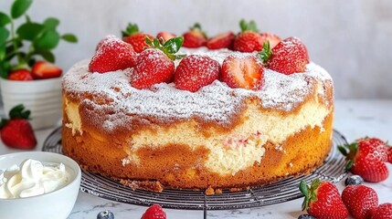 A beautiful fruit-topped cake features strawberries, blueberries, and kiwi garnished with whipped cream, ideal for summer parties and gatherings with friends and family