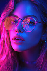 Wall Mural - Portrait of a beautiful girl with glasses in neon light.