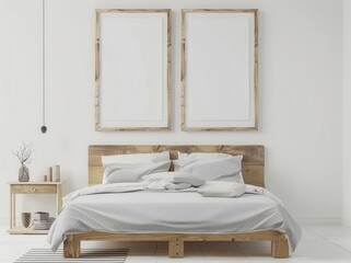 Minimalist bedroom interior with wooden bed, soft linens, and two empty picture frames on the wall. Add your own artwork to create a personalized touch