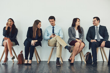 Poster - Phone, chat or business people in line for hiring, recruitment and job interview at human resources. Discussion, talking or candidates in office for opportunity, appointment or employment selection