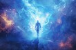 © Tanu - A solitary figure strides confidently through a vibrant cosmic landscape bathed in blue and purple hues, surrounded by swirling lights and energetic patterns that evoke a sense of wonder.