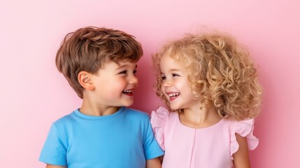 Two happy kids playing together in a joyful moment against a pastel background