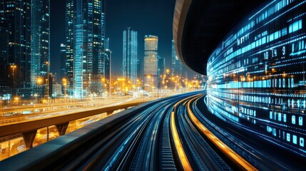 Poster - Nighttime Cityscape with Illuminated Train Tracks and Binary Code