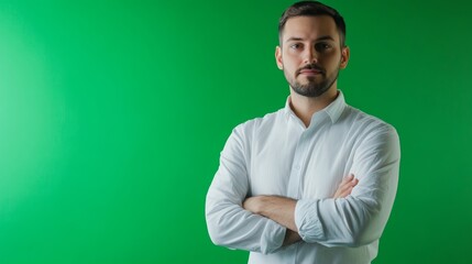 A male researcher with a thoughtful expression standing with crossed arms.